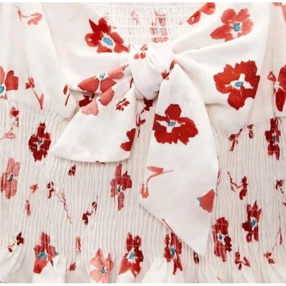 Floral Puff Sleeve Blouse Top Smocked Waist Front Tie Large Boho peasant